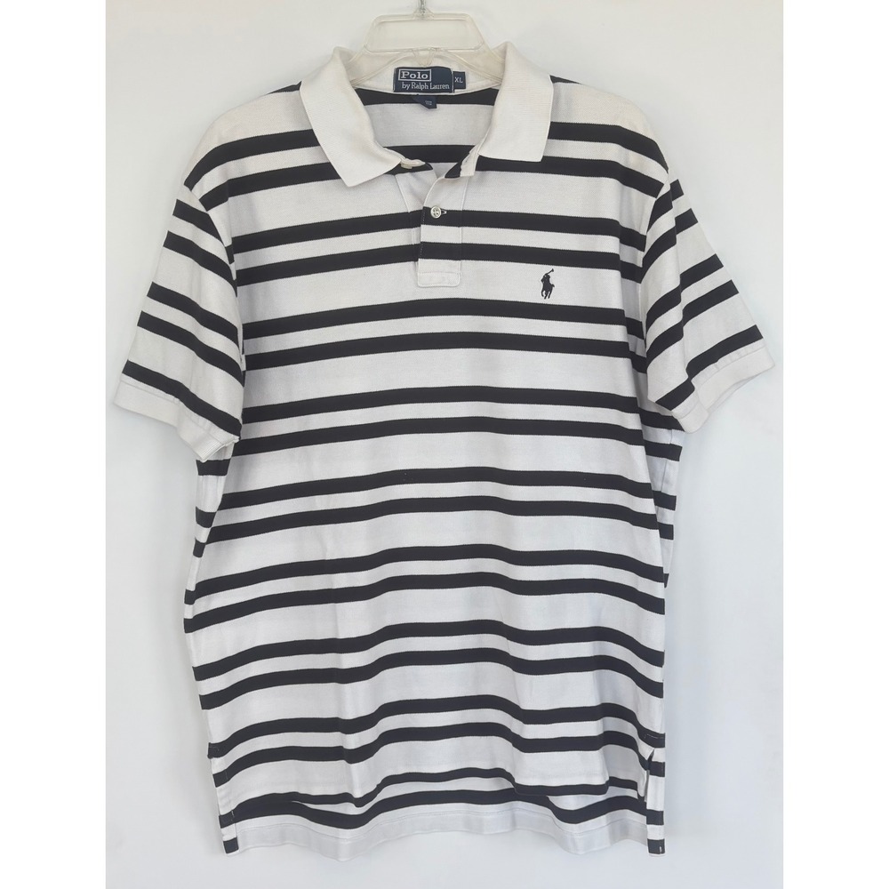Polo Ralph Lauren Mens‎ XL Striped Cotton Pique Polo Shirt White Black Pony Logo